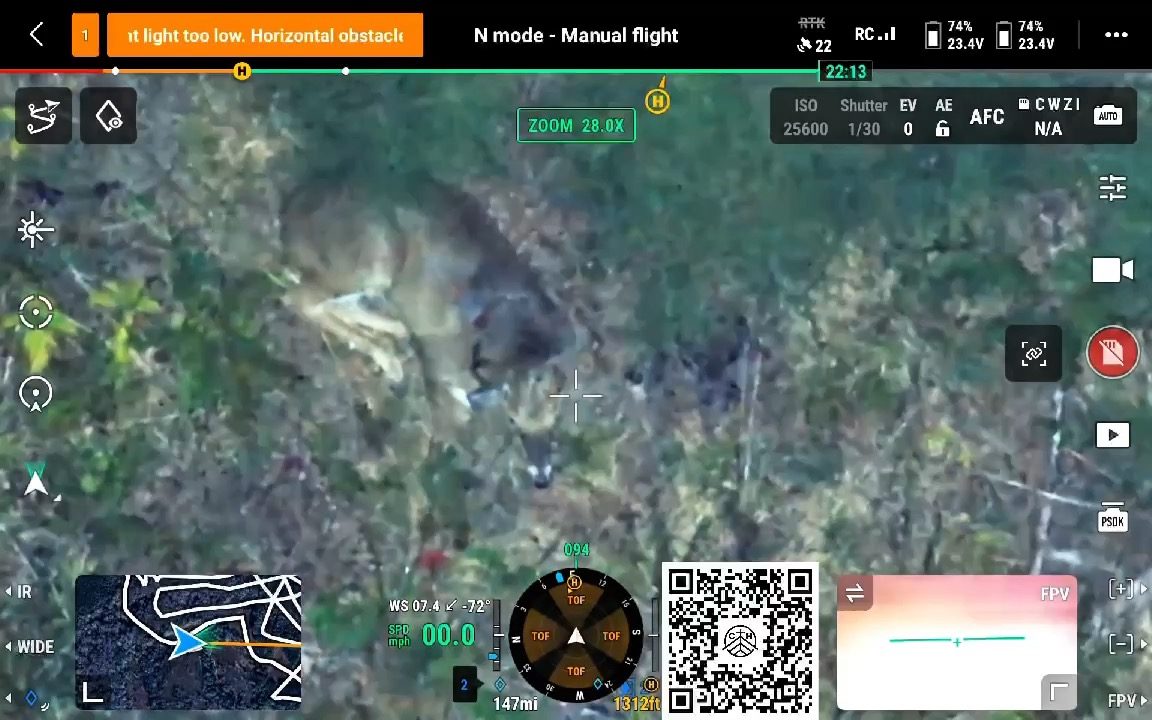 Thermal drone controller screen showing a deer in low vegetation at night